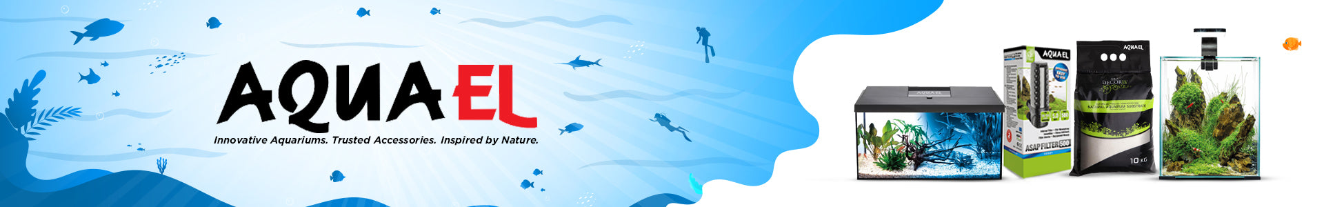 Aquael aquarium banner with tanks, filters, and natural substrates on a blue underwater background – Innovative aquatics and accessories branding - petcare.ae.