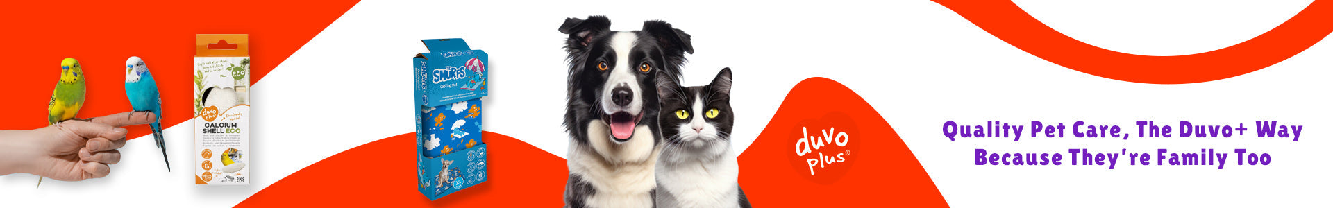 Duvo+ pet care banner featuring a dog, cat, colorful birds, and Duvo+ pet products with the tagline