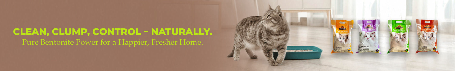 Gray cat near a litter box with Pure Natural Bentonite Cat Litter bags in the background and text promoting clean, natural clumping litter.