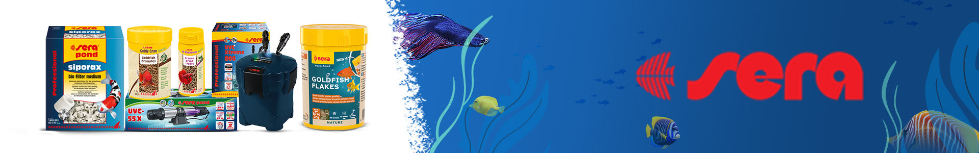 "Sera aquarium products collection including pond filters, bio filter media, UVC filters, and goldfish food, set against a blue background with fish illustrations."