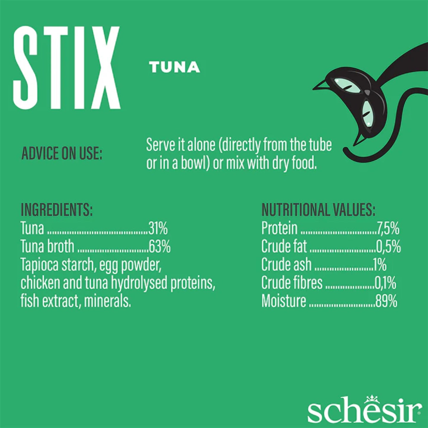 Product label for Schesir Stix Tuna with usage advice, ingredients, nutritional values, and branding.
