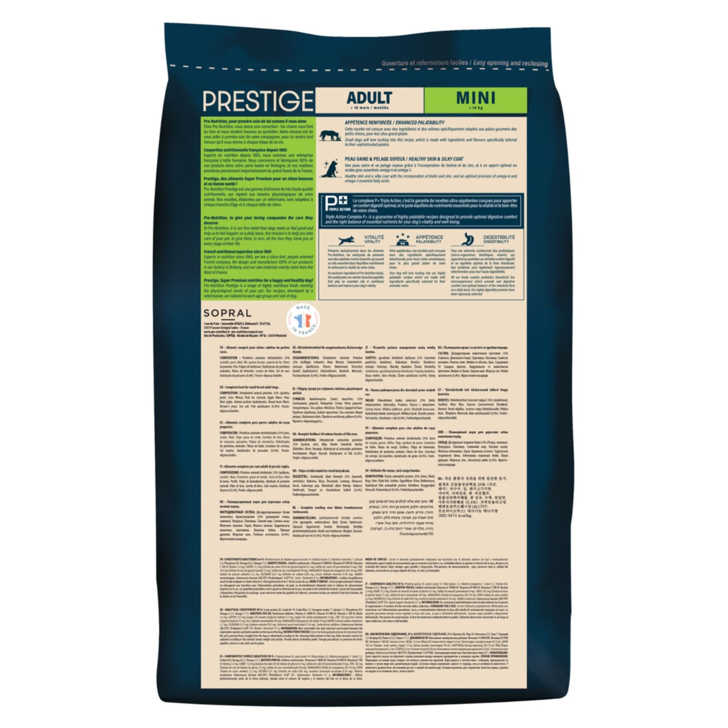 Dog food package with 'PRESTIGE' branding on a white background