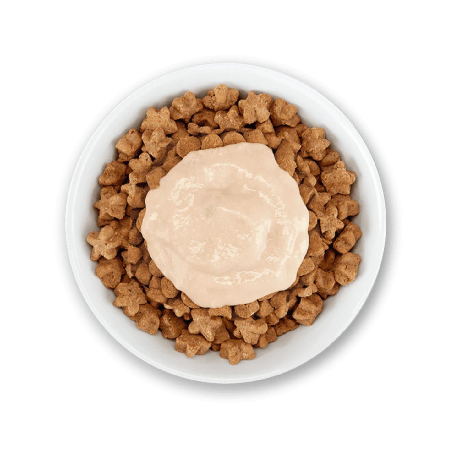 White bowl with cat food and a scoop of cream on a white background