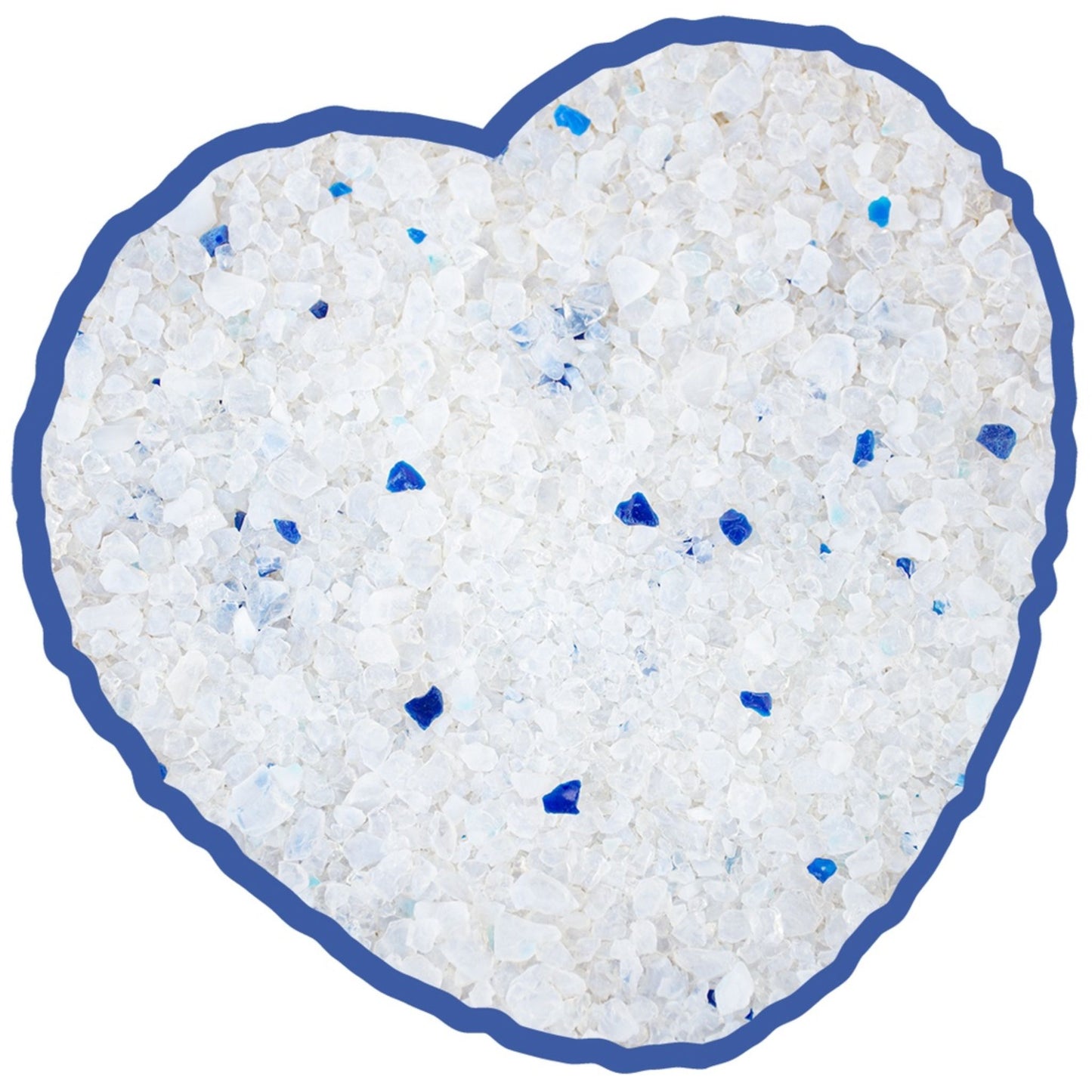 Heart-shaped container filled with white and blue granular material on a white background