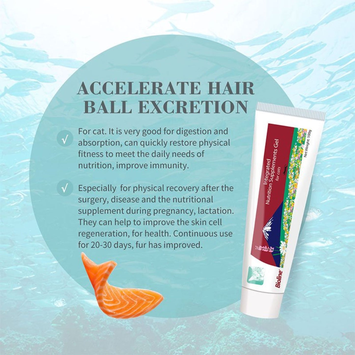 Tube of pet supplement with text about accelerating hair ball excretion on a light blue background