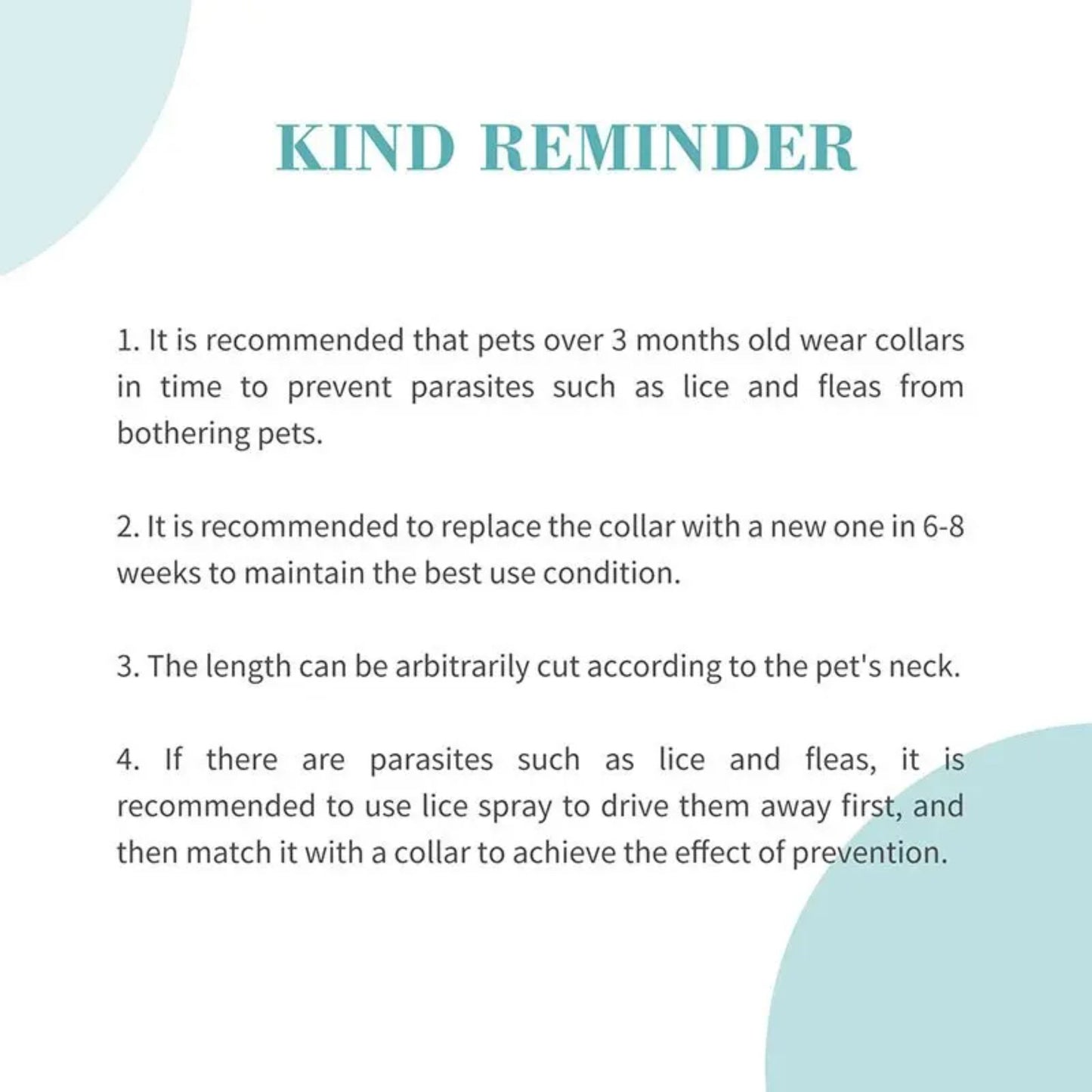 Text instructions on using pet collars and lice spray for parasite prevention.