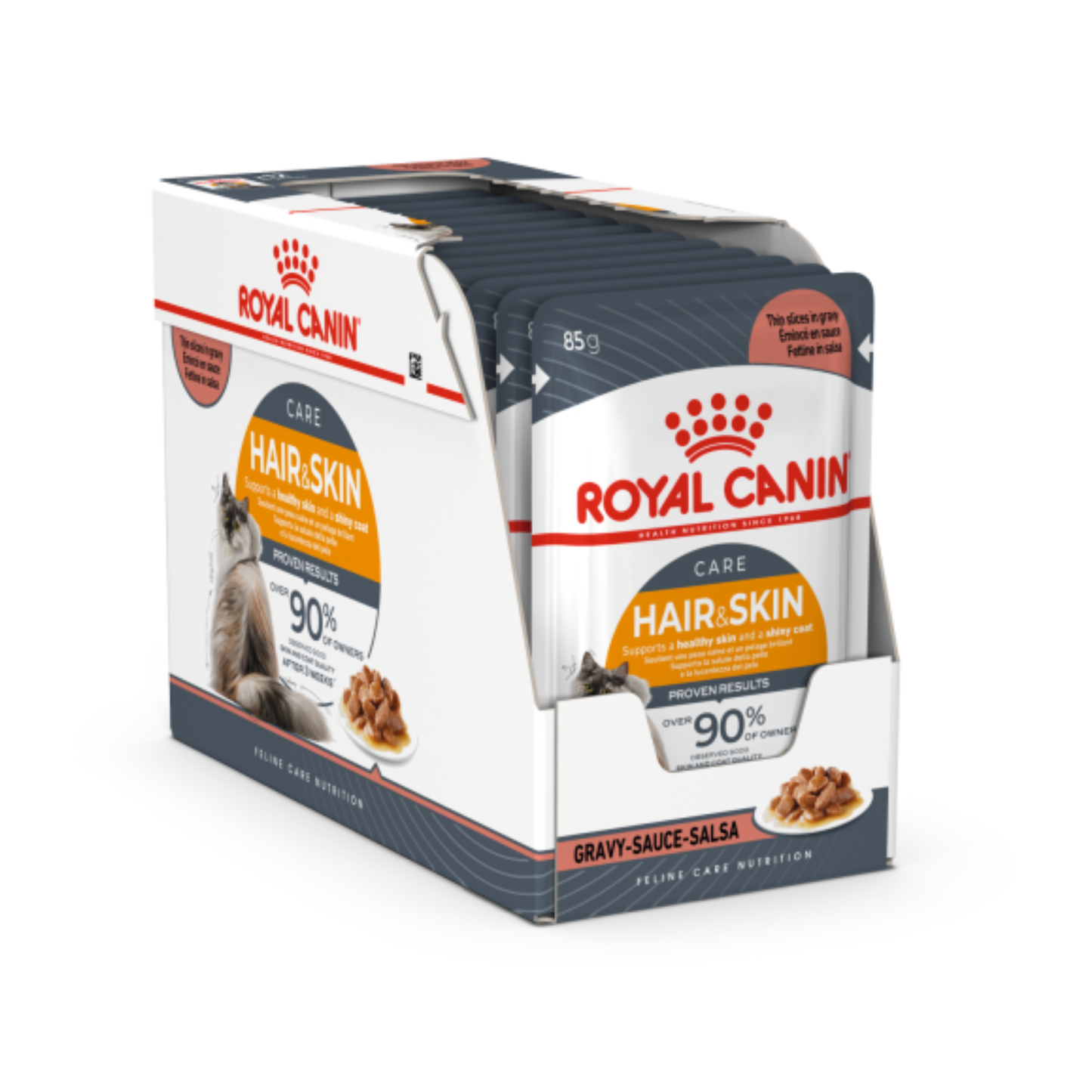 Royal Canin Hair & Skin care pet food packaging on a white background