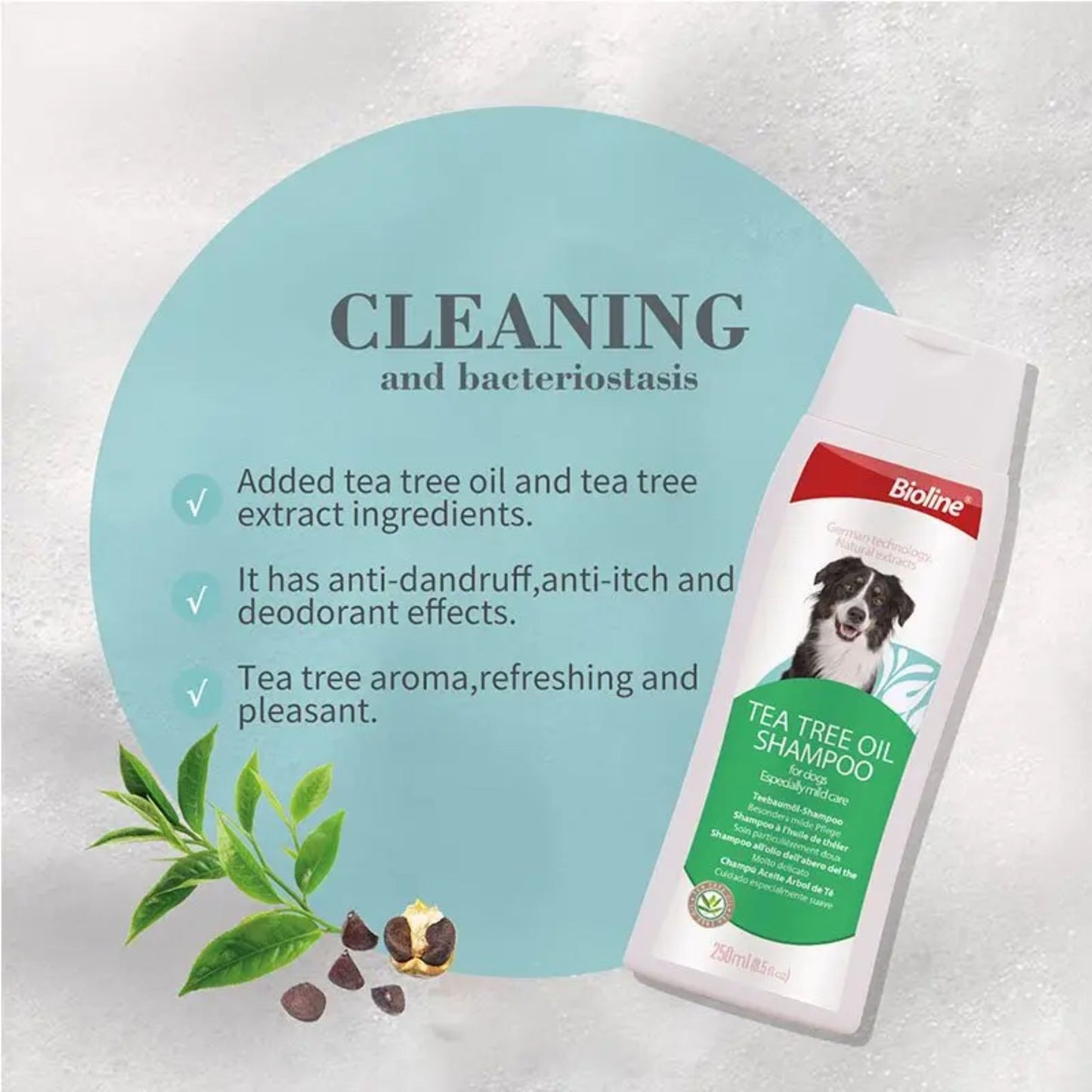 Bioline tea tree oil shampoo for dogs with product details on a light blue circle background.