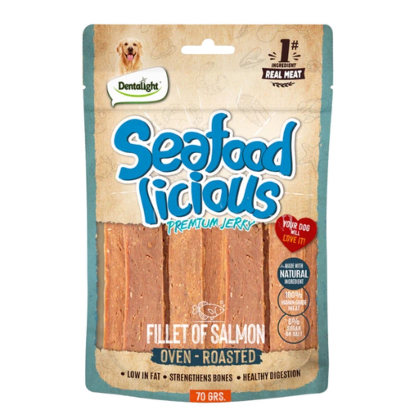 Dentalight Licious Jerky Dog Treats With Salmon Fillet - 70g