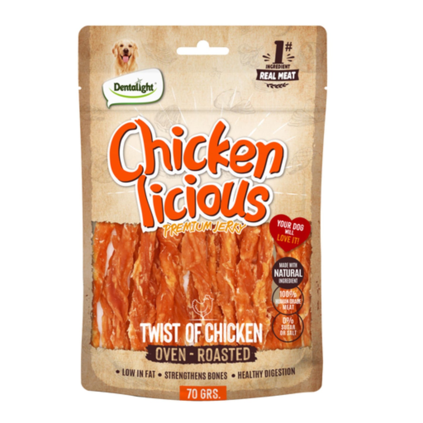 Dentalight Licious Jerky Dog Treats With Chicken Twists - 70g