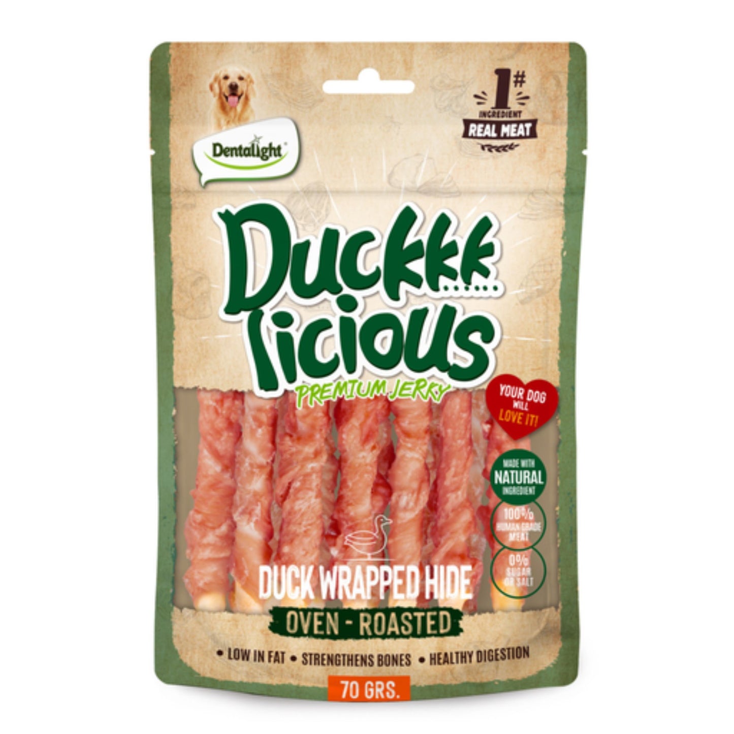 Dentalight Licious Jerky Dog Treats With Duck Wrapped Hide - 70g