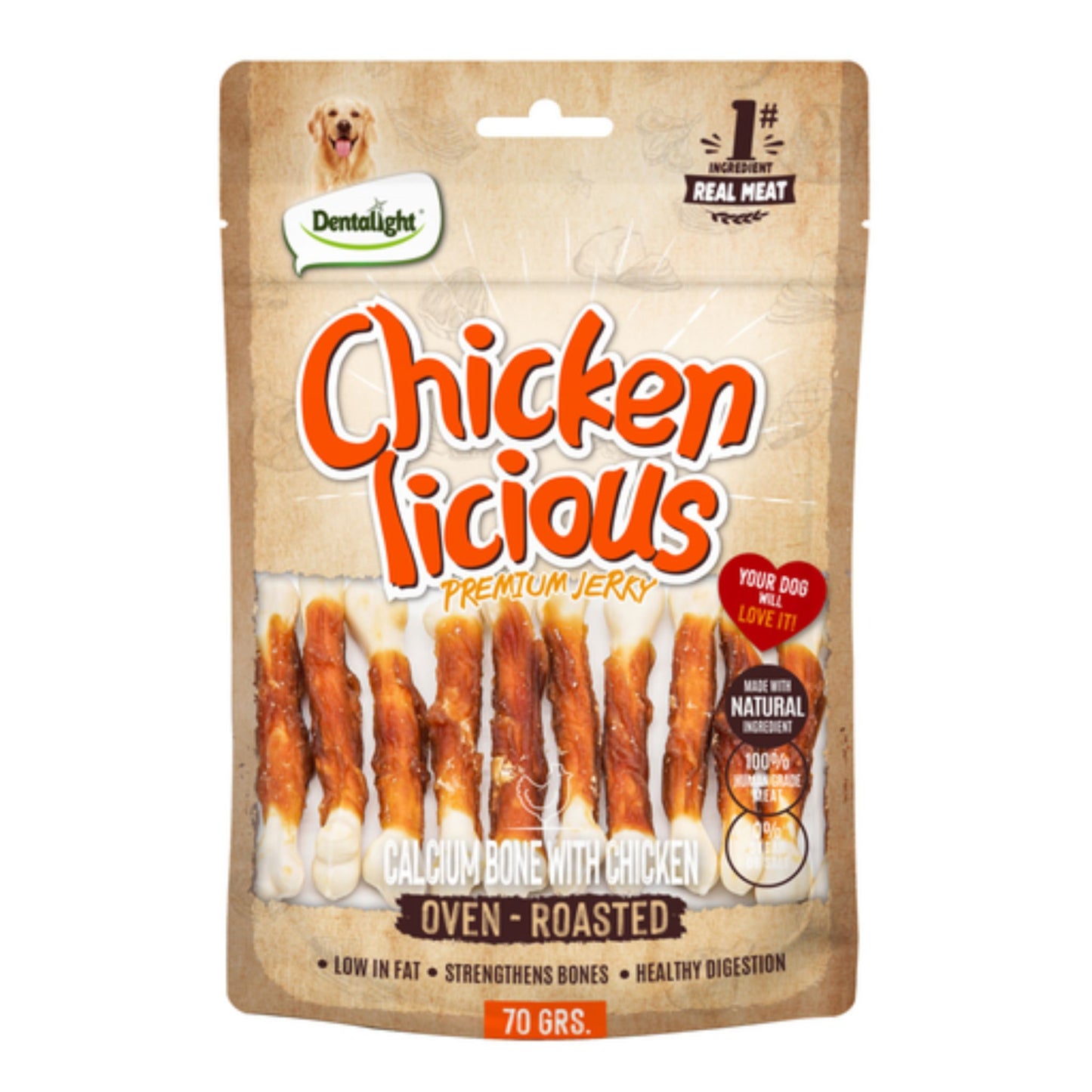 Dentalight Licious Jerky Dog Treats With Calcium Bone & Chicken - 70g