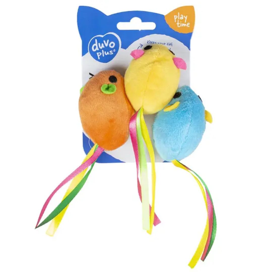 Duvo+ Terry Mouse 3-Pack – Plush Cat Toys With Ribbon Tails