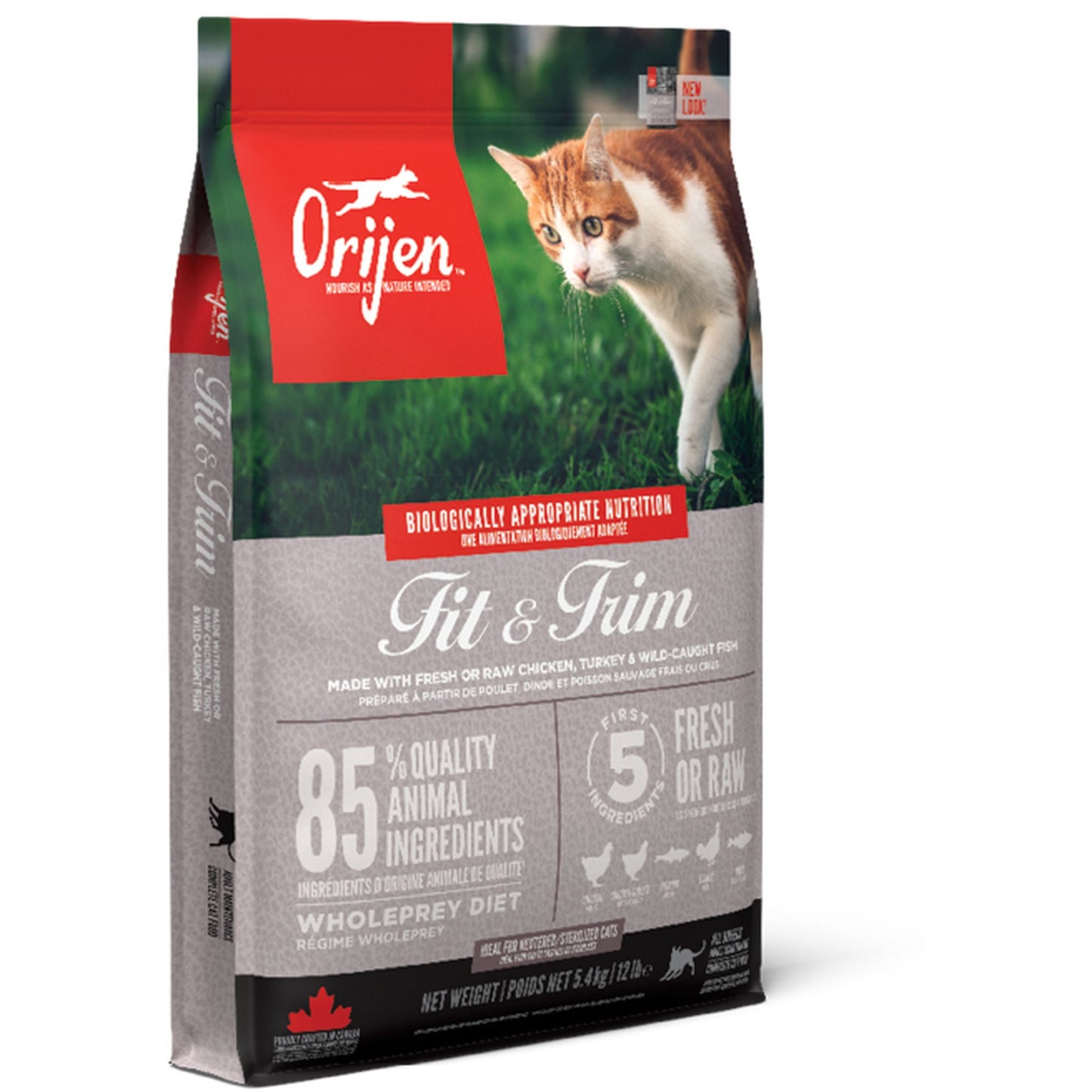 Orijen Fit & Trim cat food package with a cat on the grass