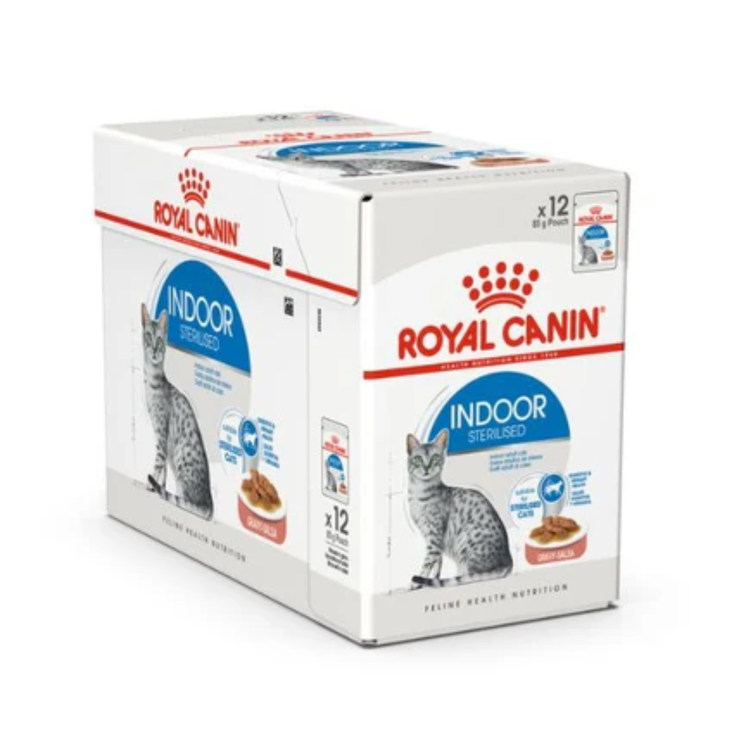 Box of Royal Canin Indoor Sterilized cat food on a white background