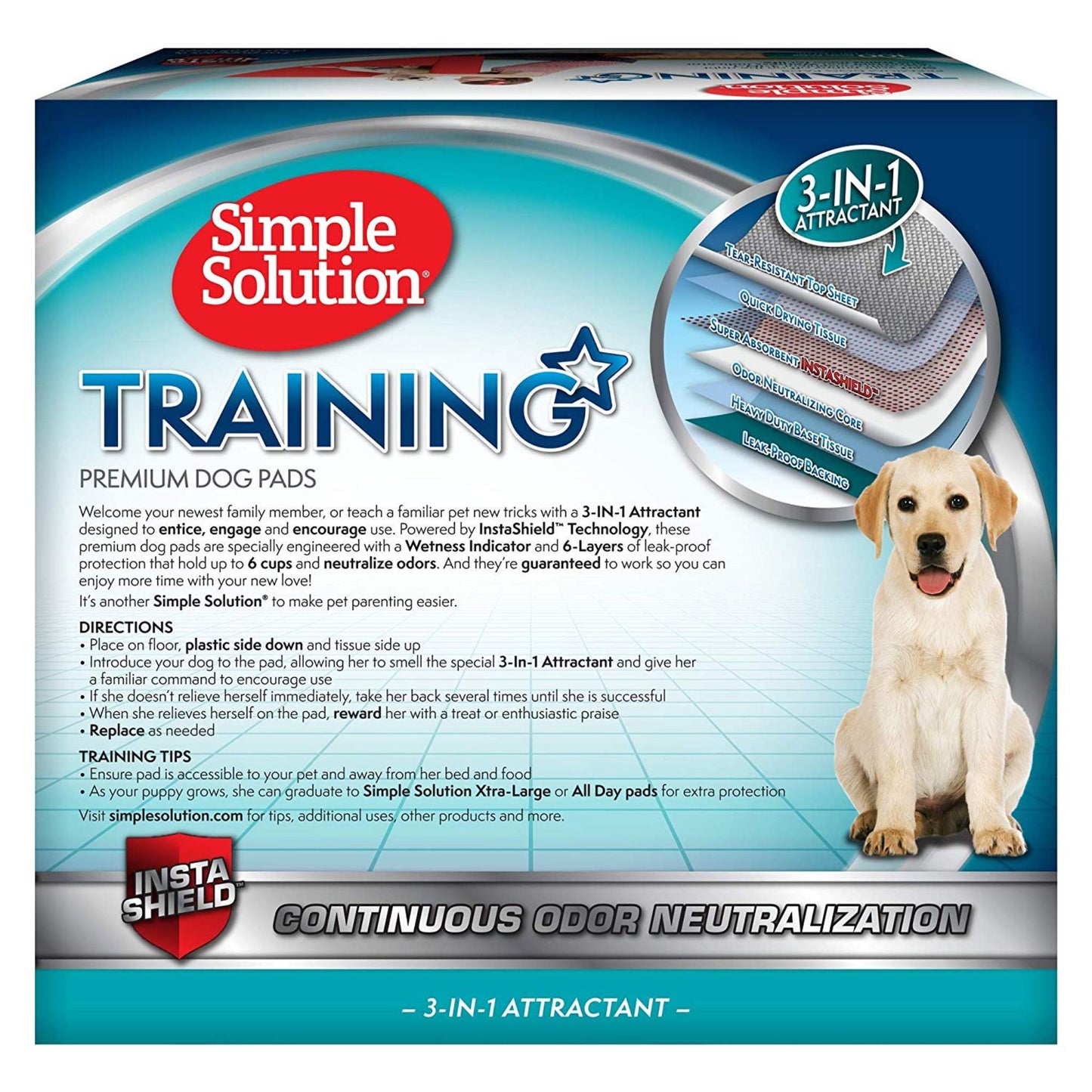Box of Simple Solution Training Dog Pads with a dog on the packaging.