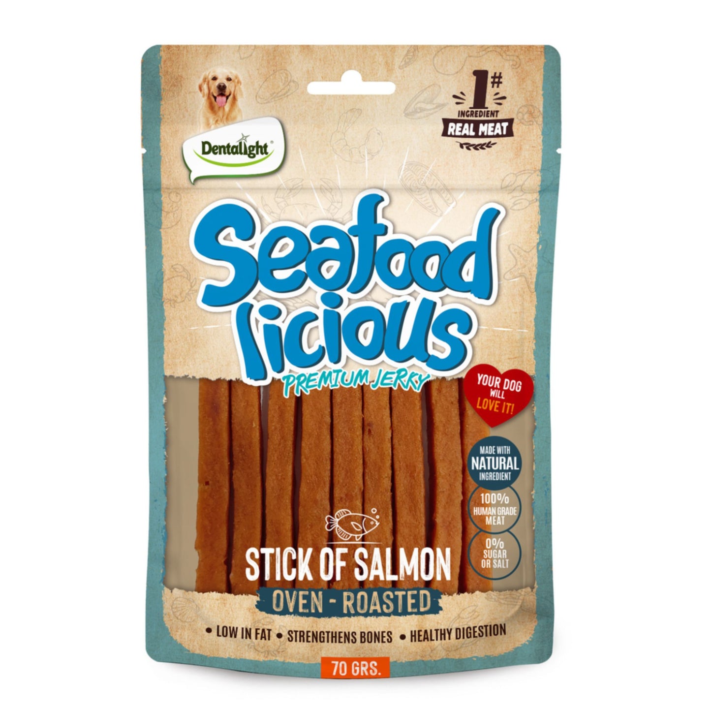 Dentalight Licious Jerky Dog Treats With Salmon Stick - 70g