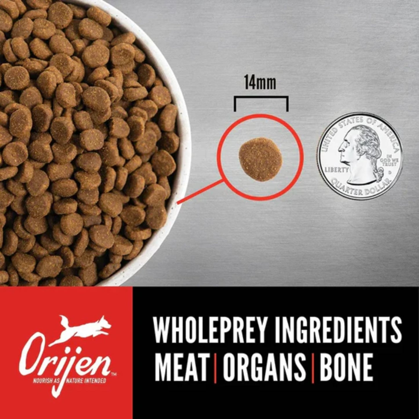 Orijen pet food with size measurement and coin for scale, featuring wholeprey ingredients.