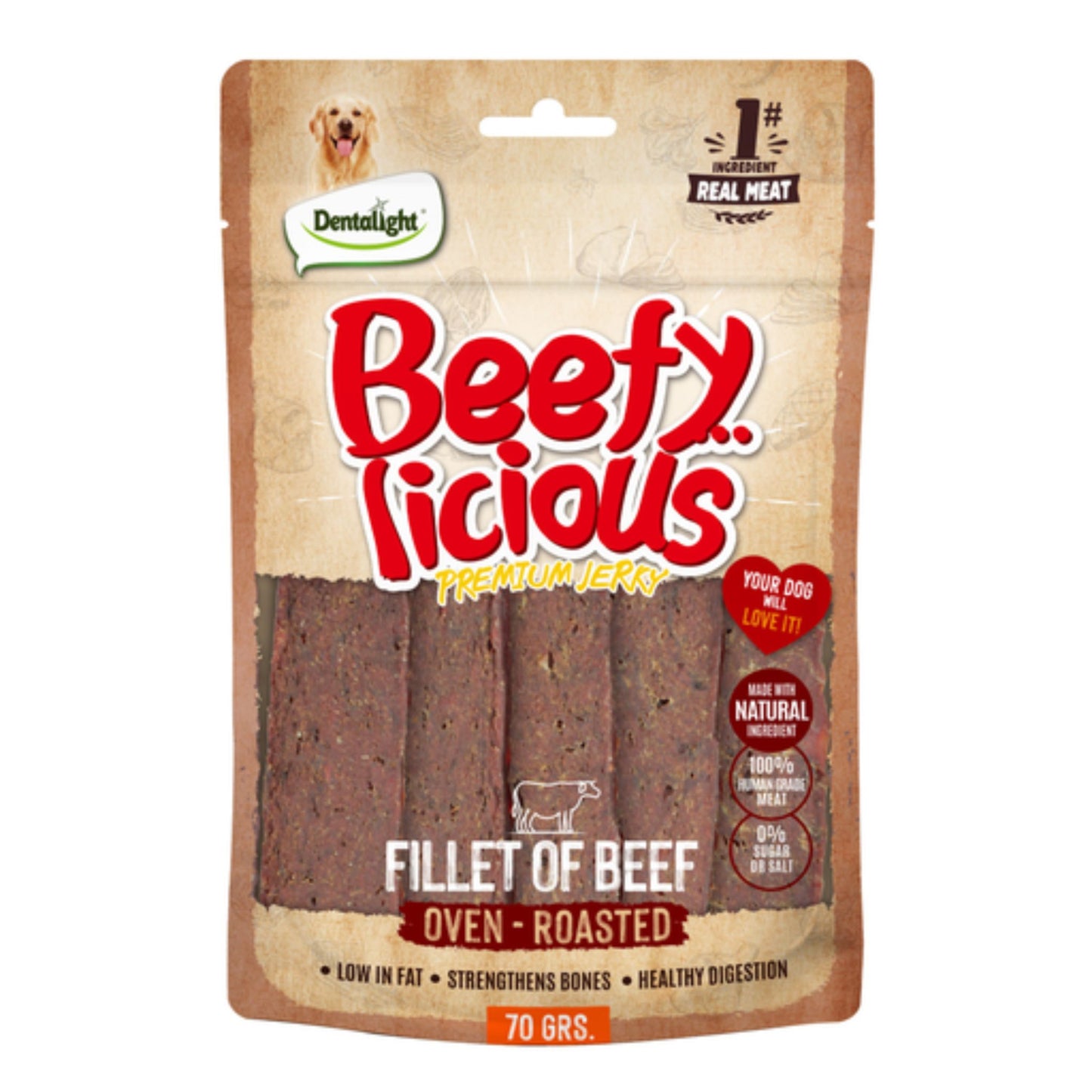Dentalight Beefy Licious Jerky Dog Treats With Beef Fillet - 70g