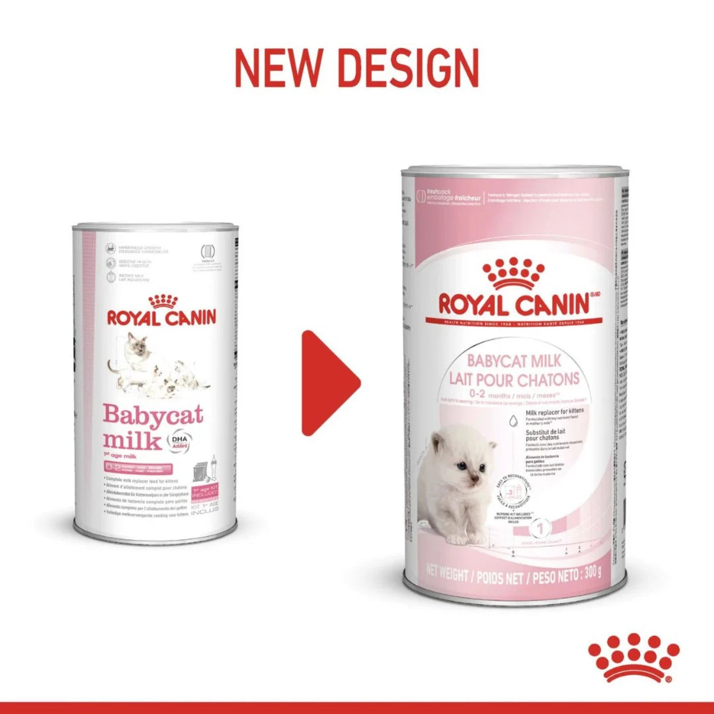 Two cans of Royal Canin Babycat Milk with a red arrow between them on a white background.