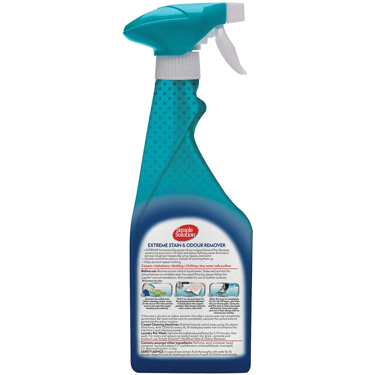 Blue spray bottle with a label on a white background