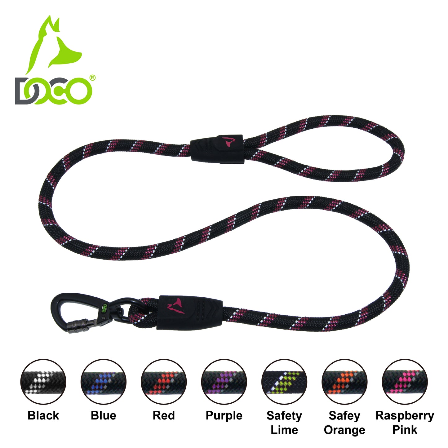 Doco Reflective Rope Leash With Soft Rubber Handle Click & Lock Snap Red - L