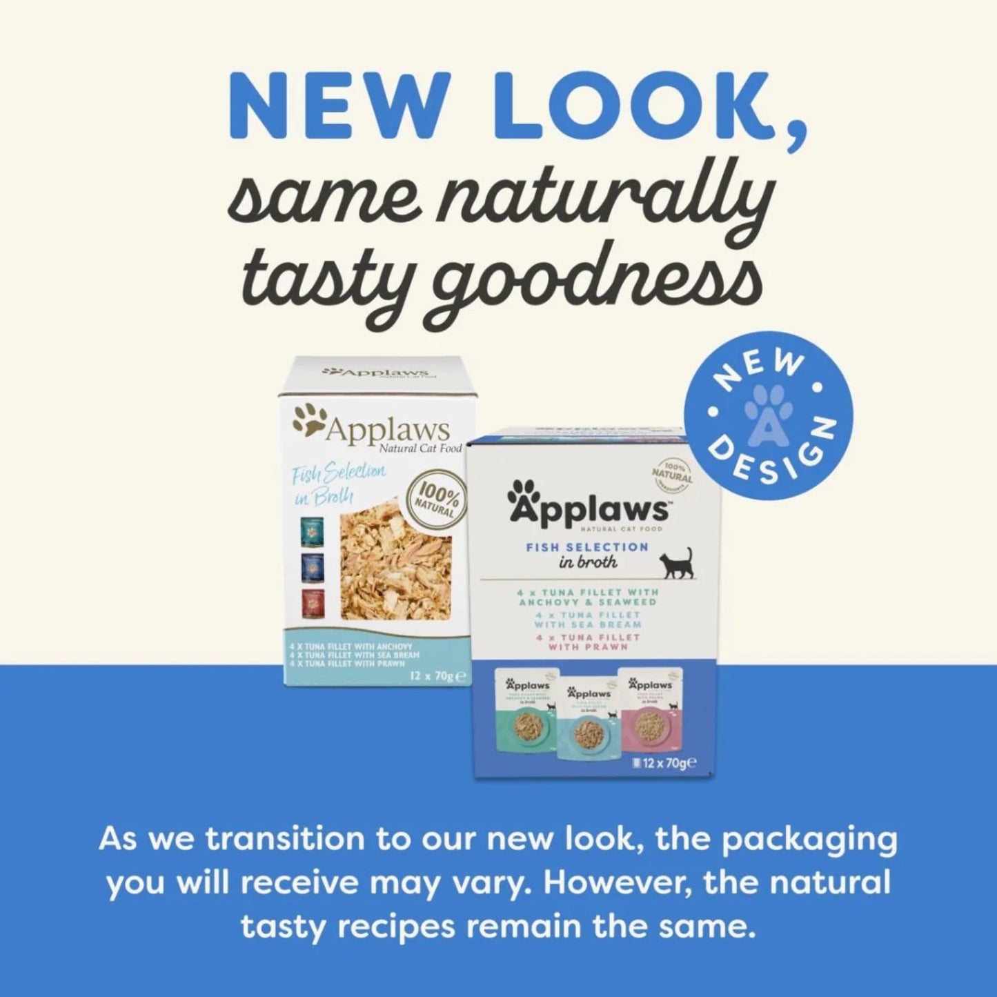 Applaws cat food packaging with text about new design and natural taste.