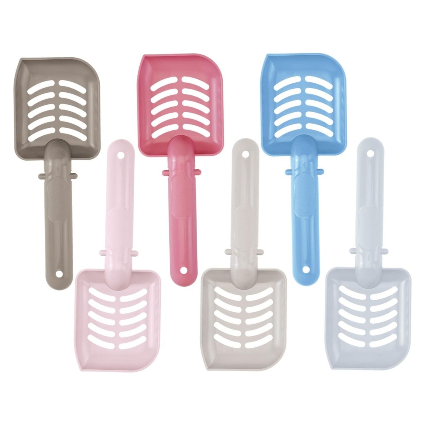 Set of five colorful cat litter scoops on a white background