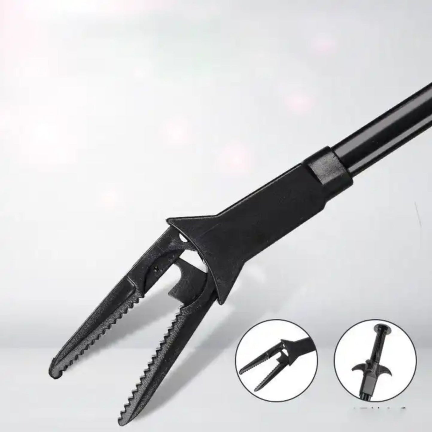 Black multi-tool with various attachments on a white background