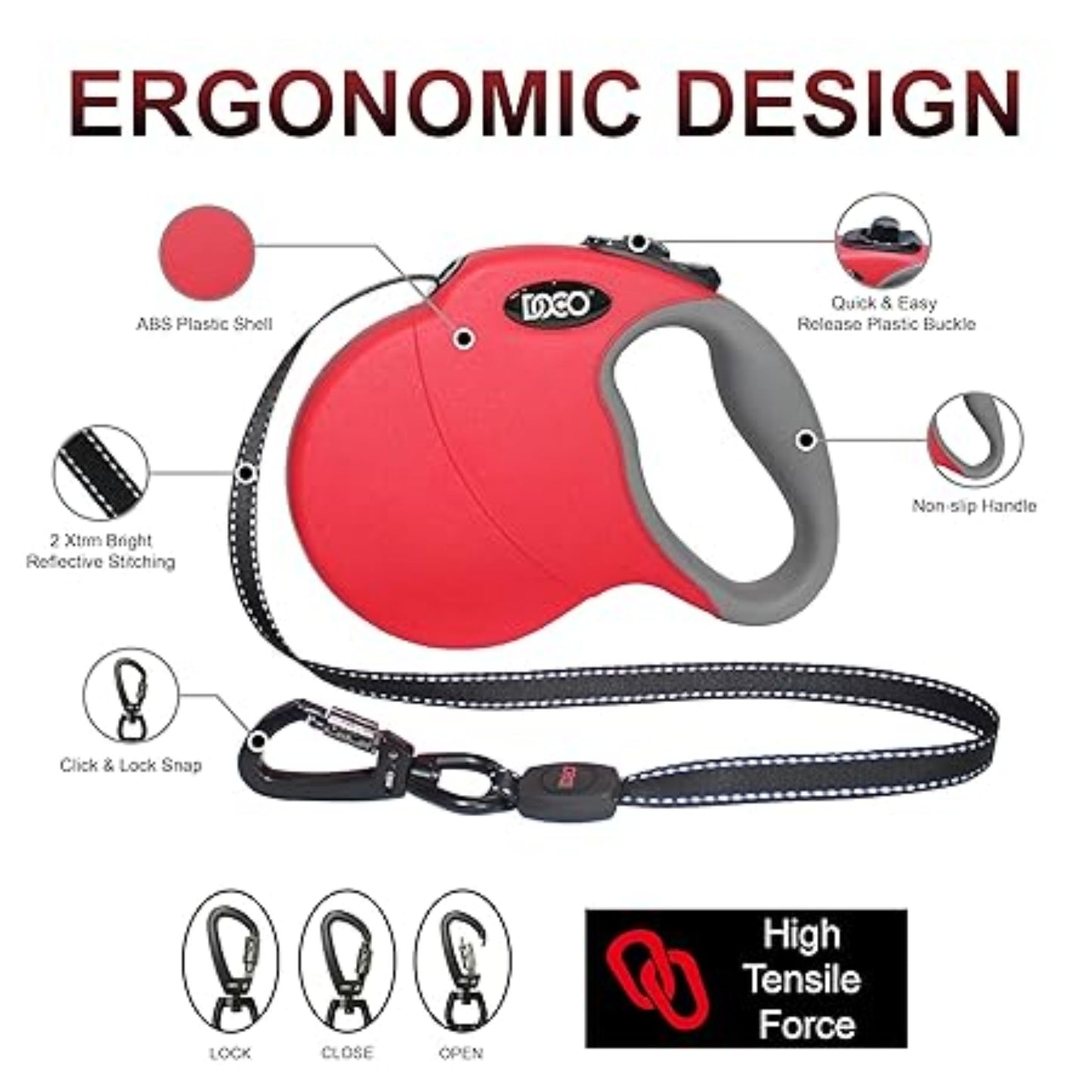 Red and gray dog leash with ergonomic design features on a white background