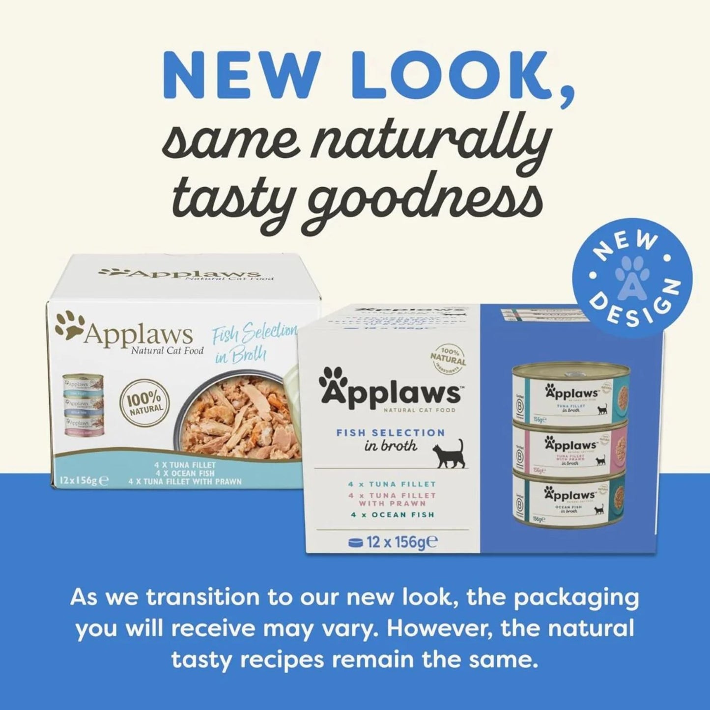 App laws pet food packaging with text about new design and natural taste.