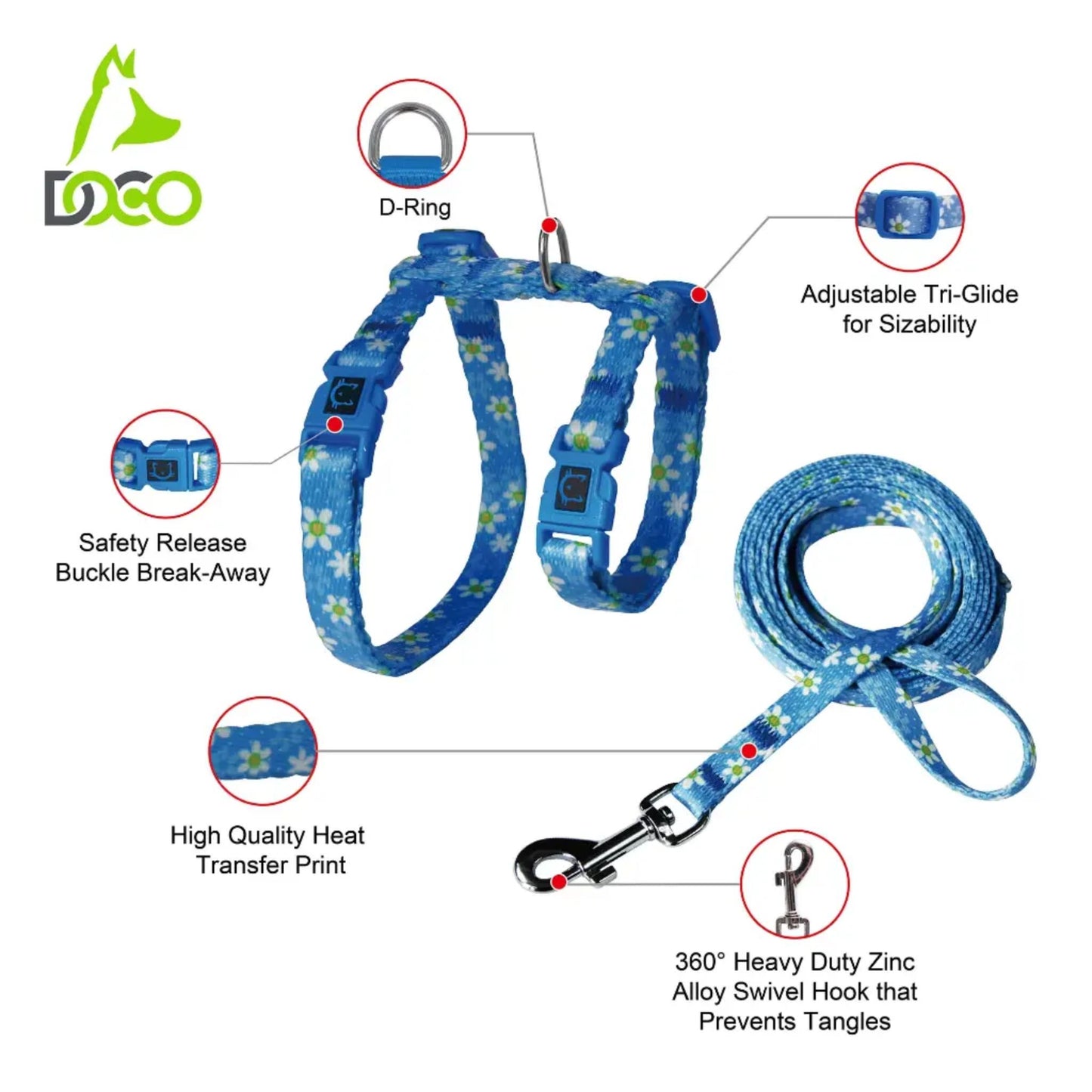 Blue floral dog harness and leash with features highlighted on a white background