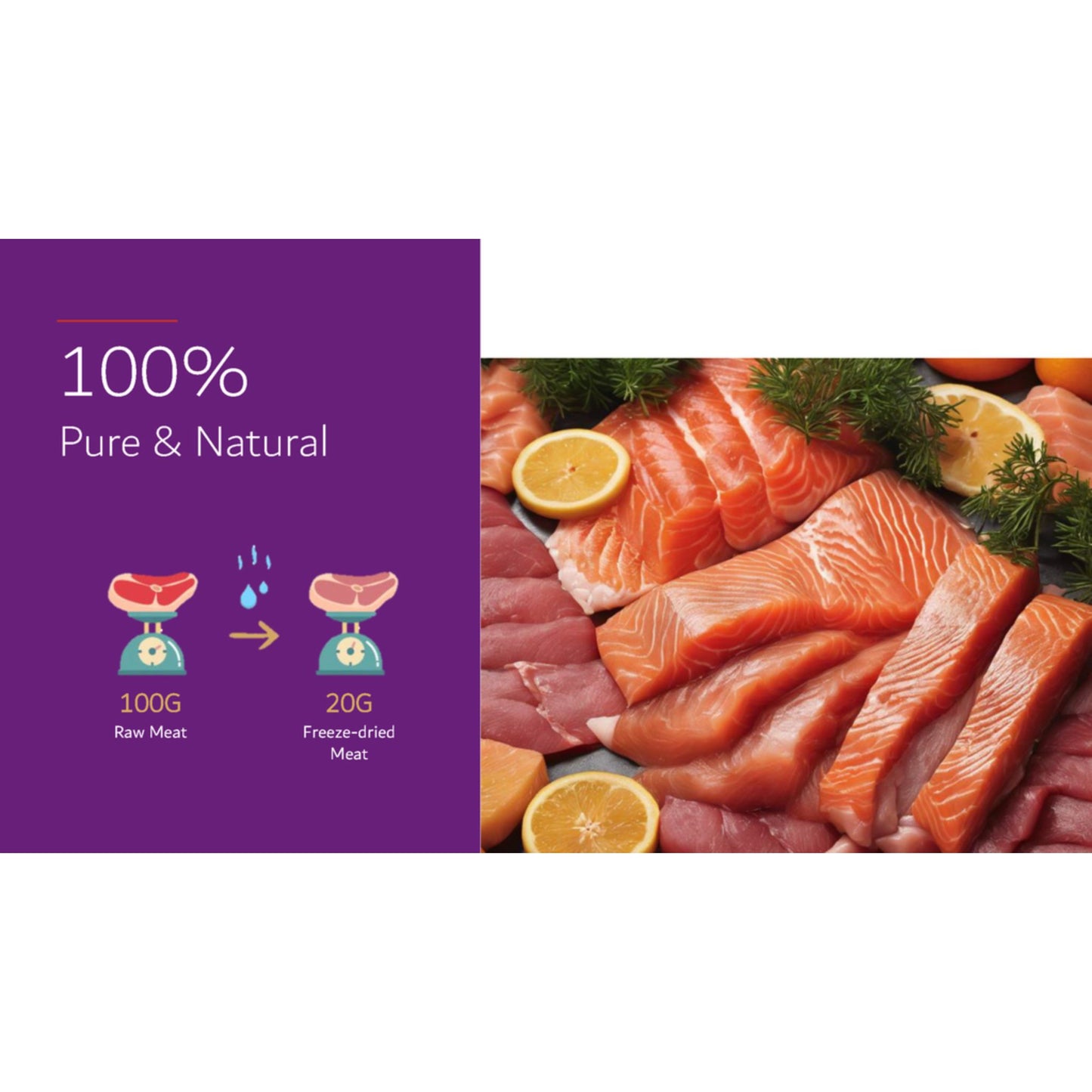 Raw salmon fillets with lemon and herbs on a white background, alongside a purple block with text about 100% pure and natural product.