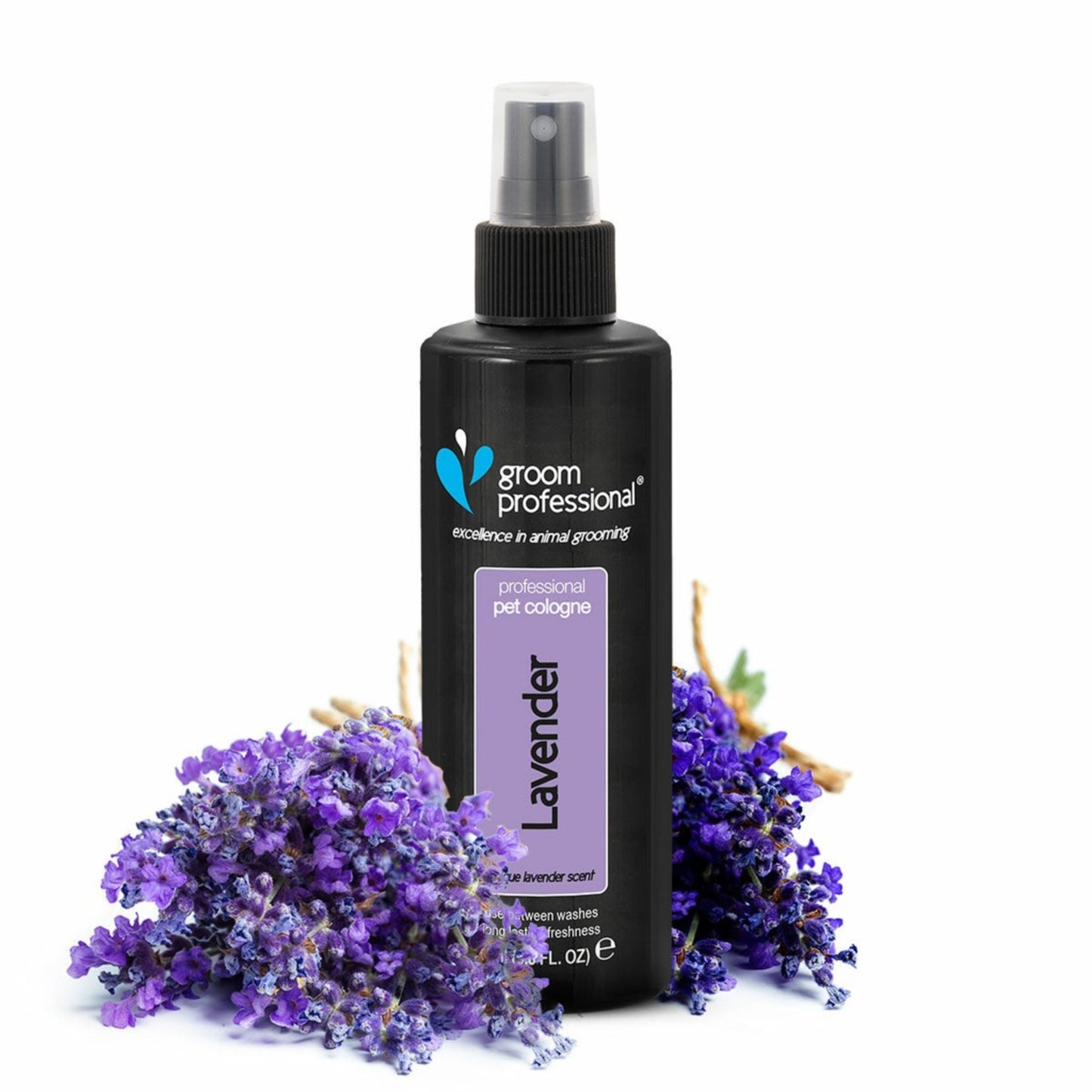 Black spray bottle labeled 'groom professional' with lavender flowers on a white background