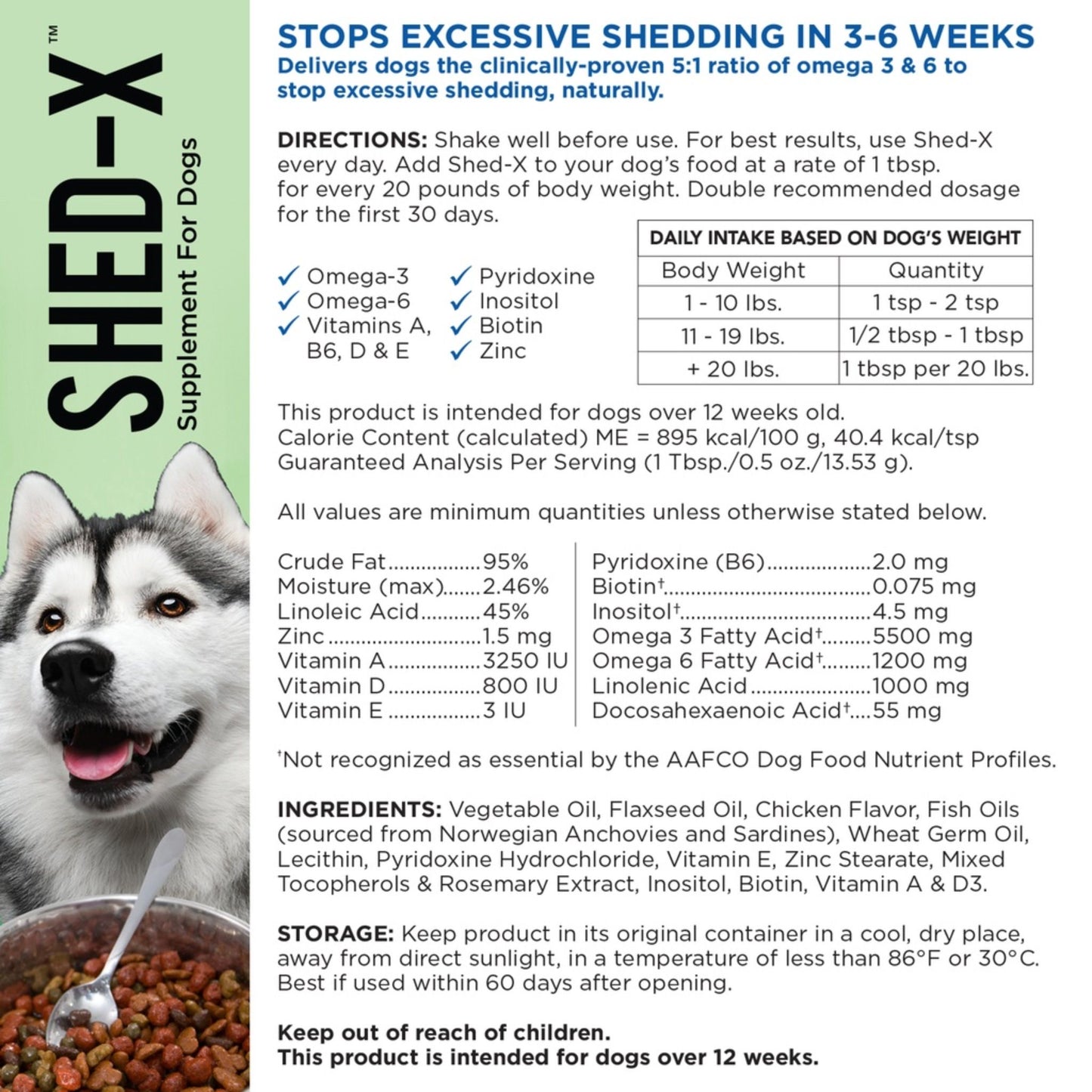 SHED-X supplement for dogs packaging with directions and ingredients listed.