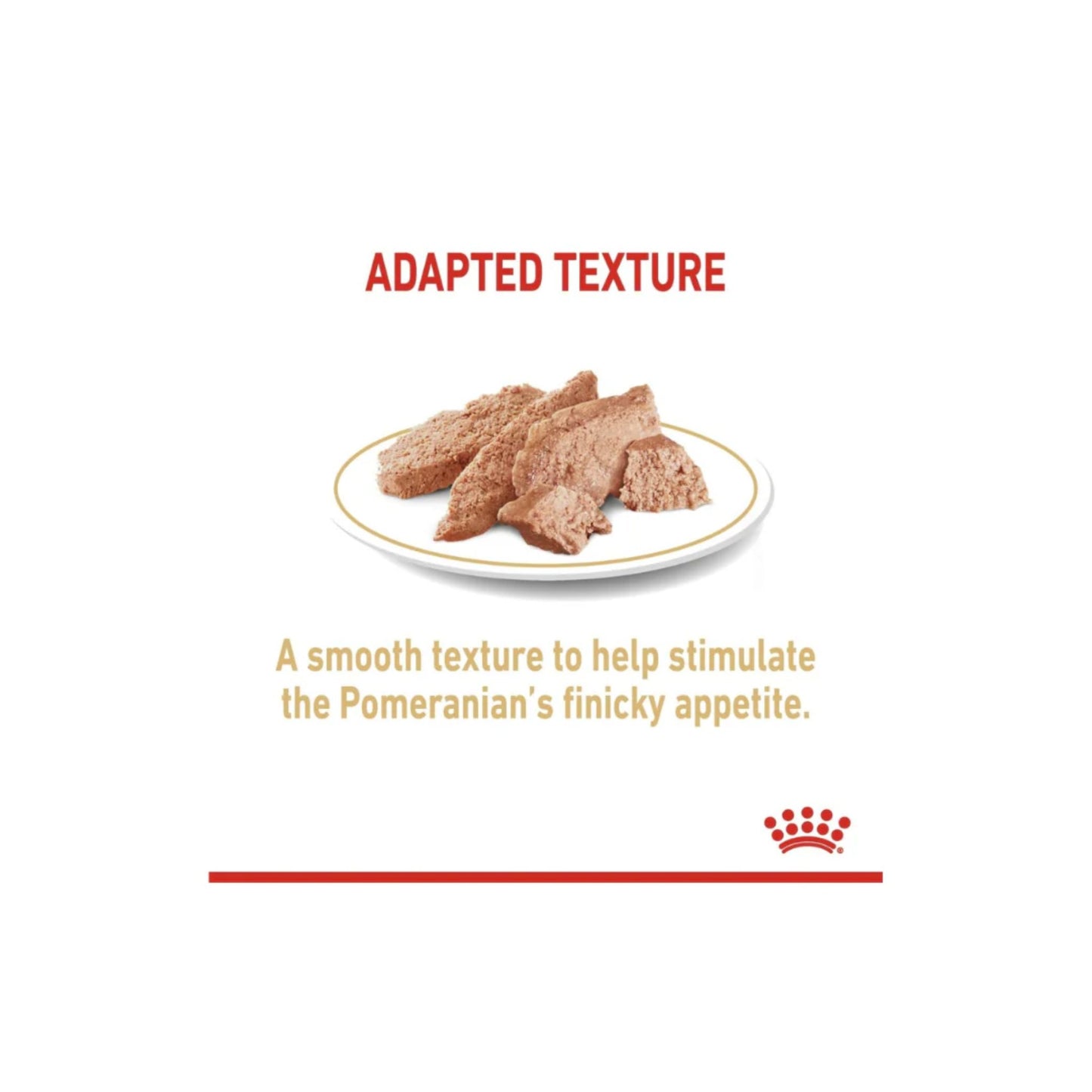 Dog food with adapted texture on a white plate, featuring text about stimulating appetite.