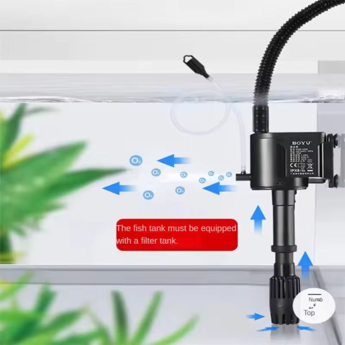Aquarium filter with BOYU branding and text indicating filter tank requirement.