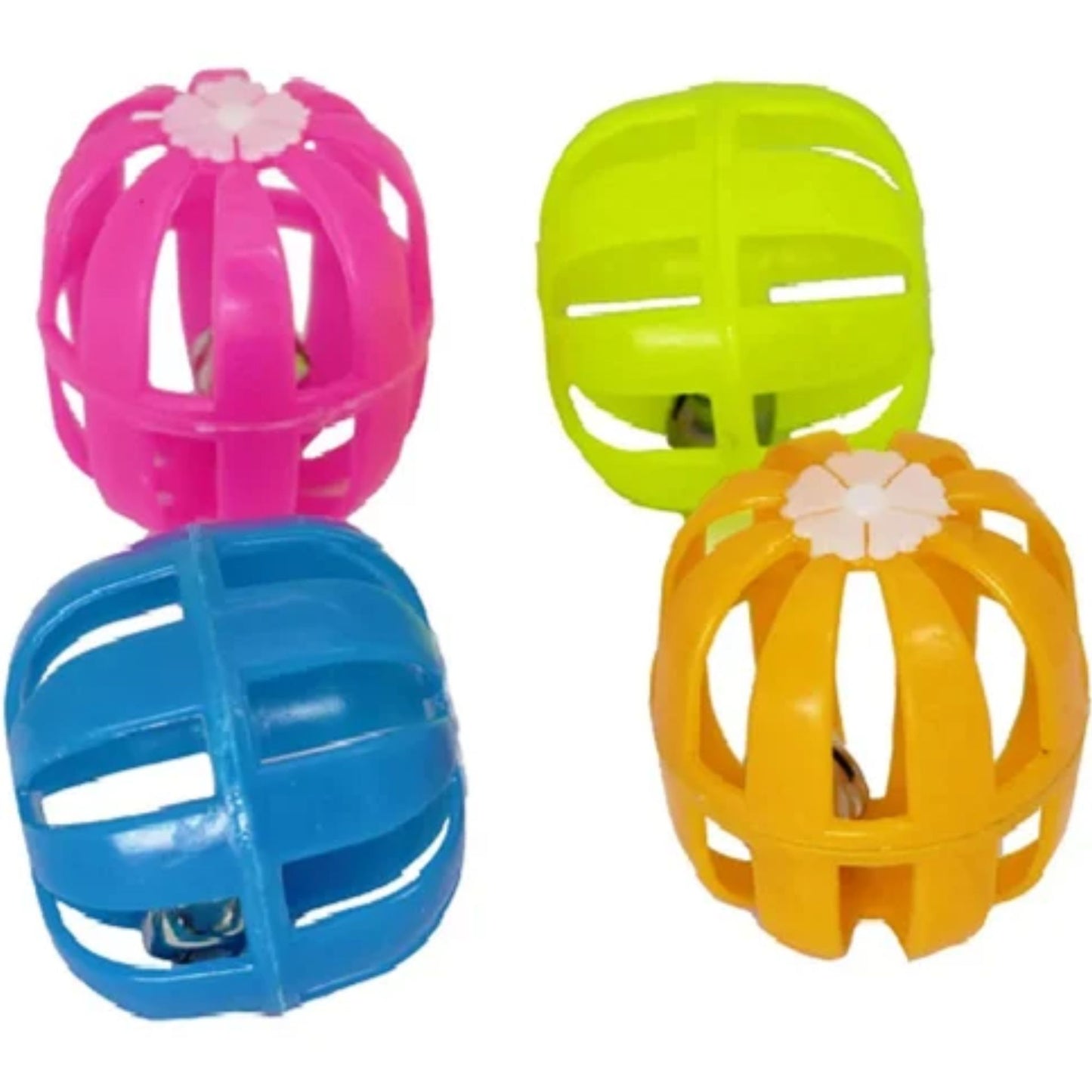 Four colorful plastic toys with floral designs on a white background