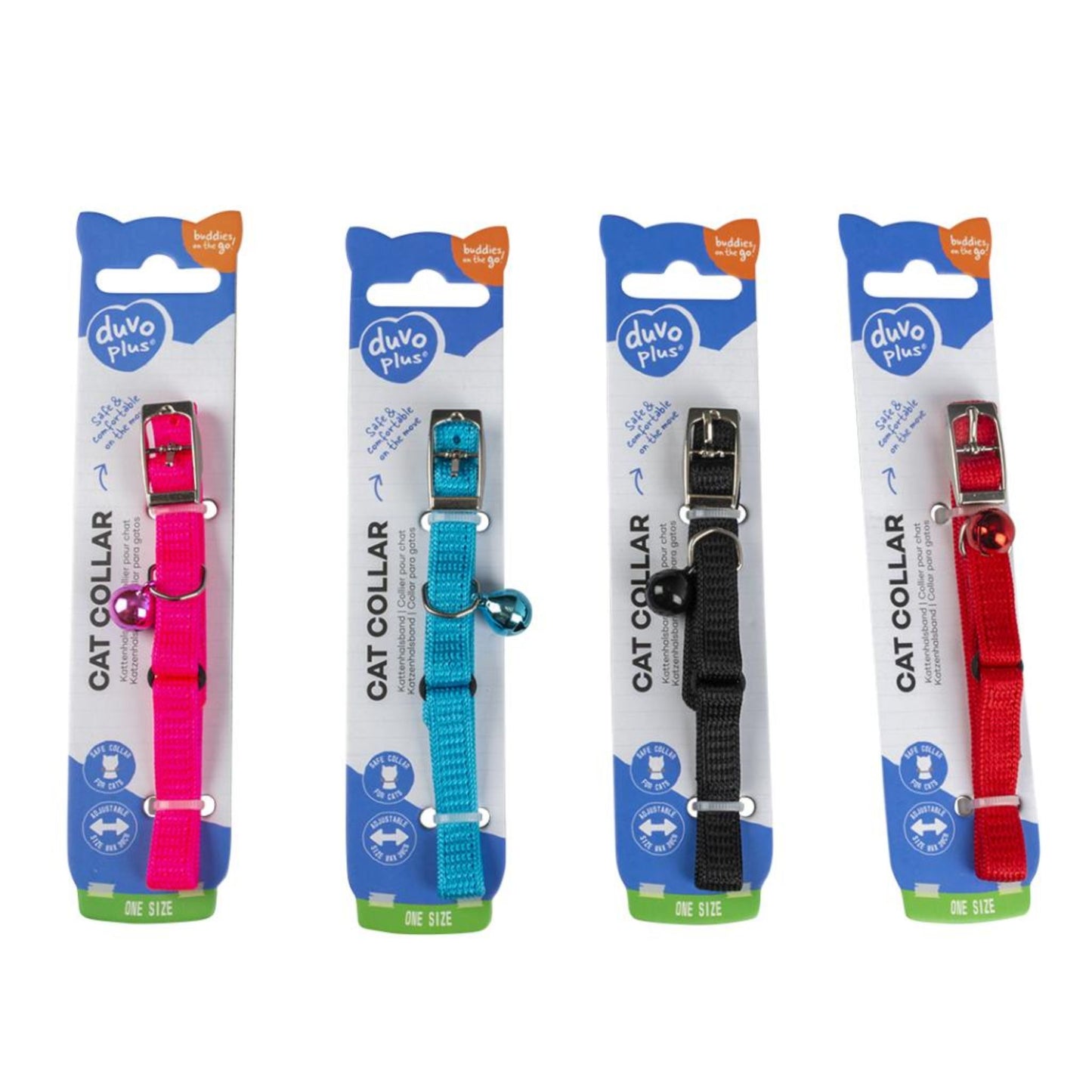 Four packages of Duvo Plus cat collars in different colors on a white background