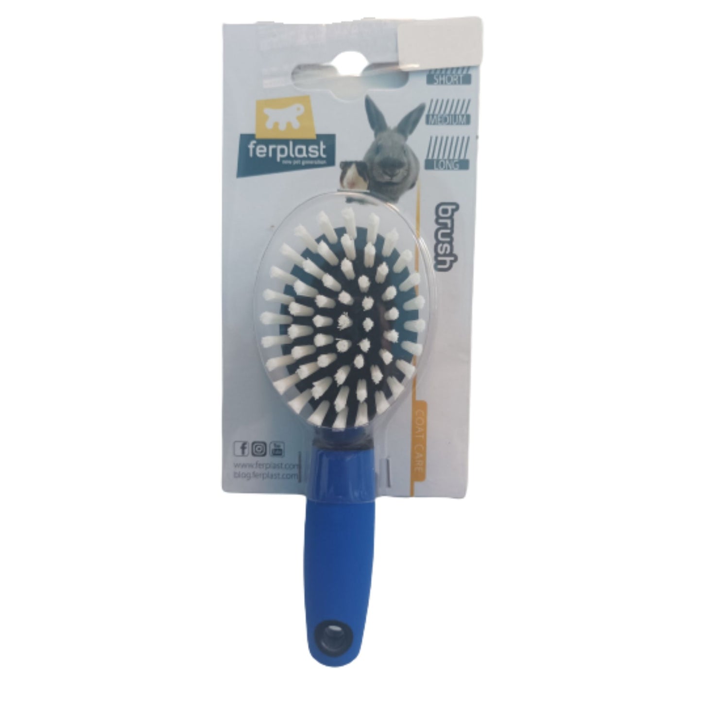Pet brush with blue handle and white bristles on a white background