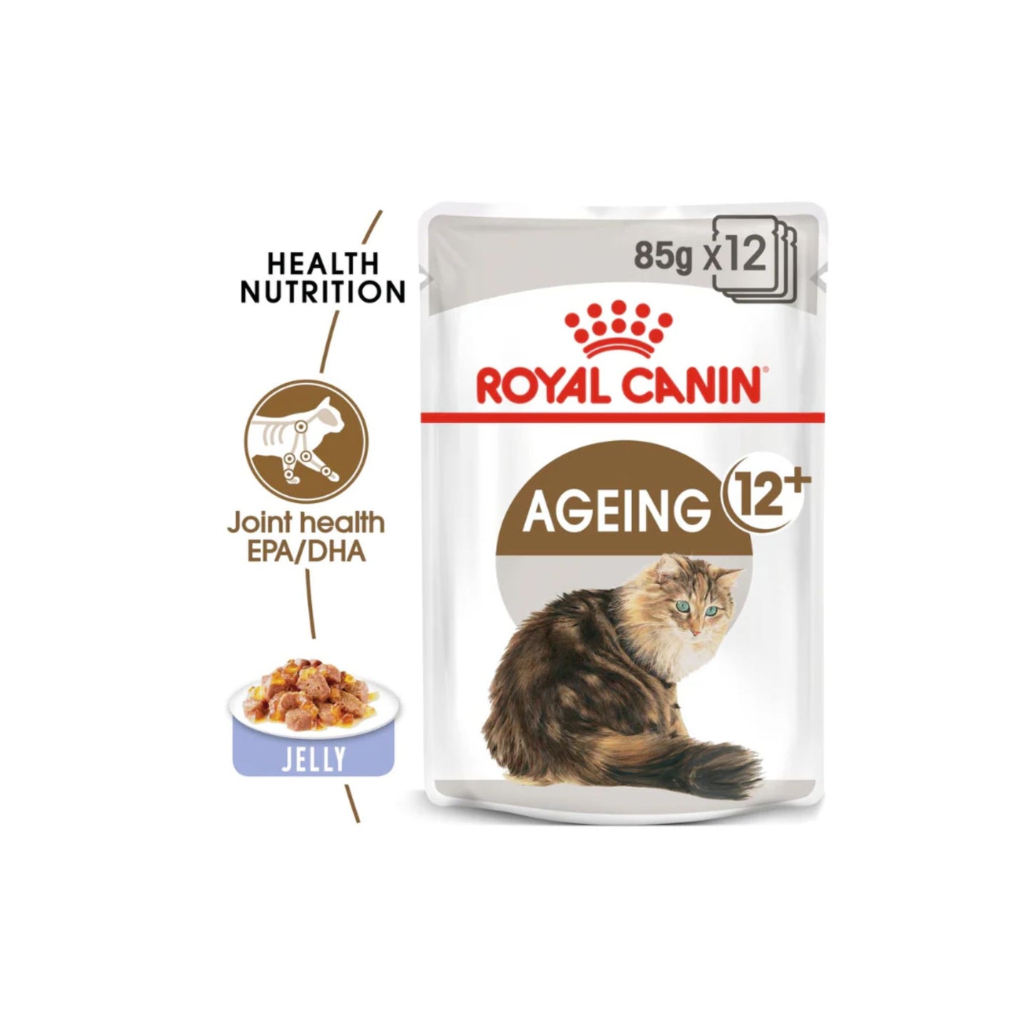 Royal Canin Ageing 12+ cat food pouch on a white background