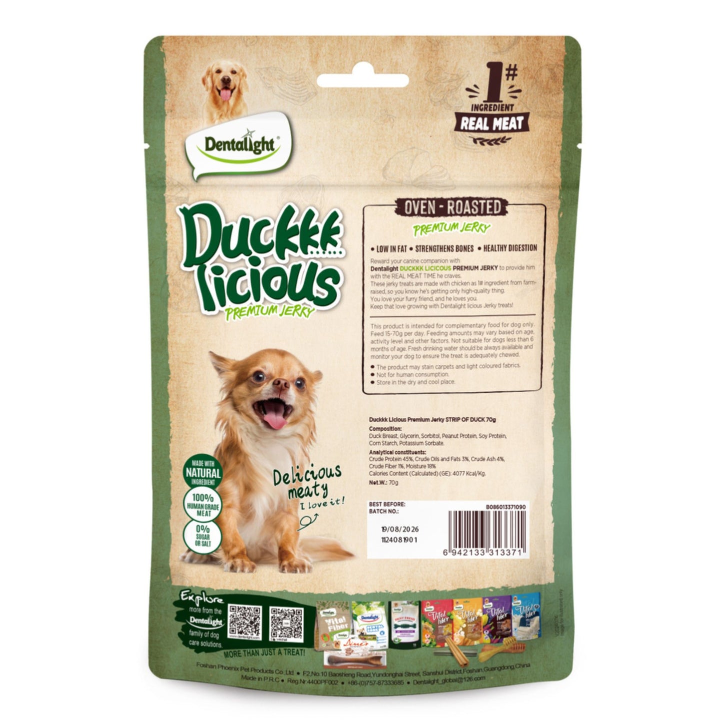 Duck Licious Premium Jerky package for dogs with a dog on the label.