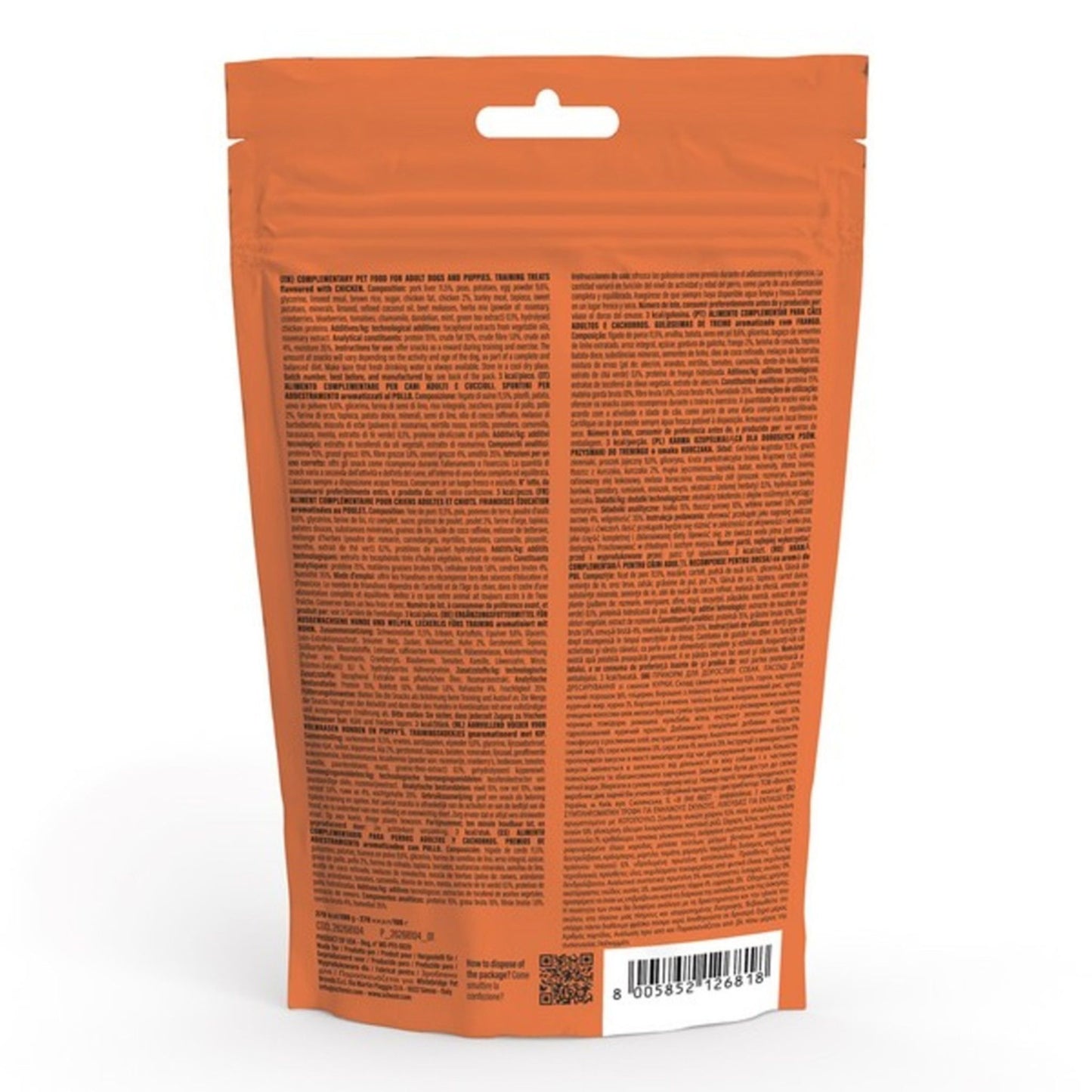 Orange packaging with text and a barcode on a white background