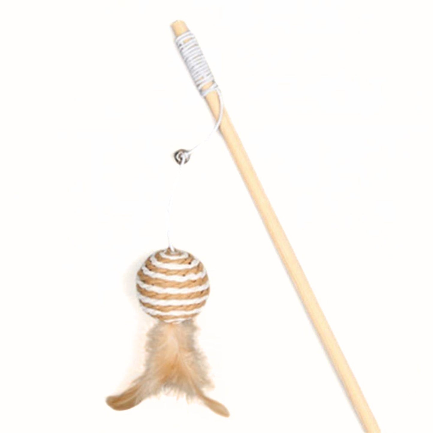 Cat toy with a wooden stick and striped ball on a white background