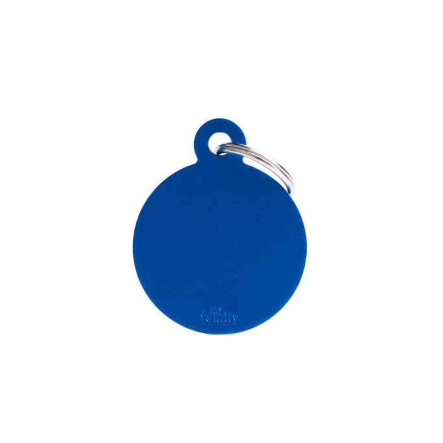 Blue round pet ID tag with a metal ring on a white background