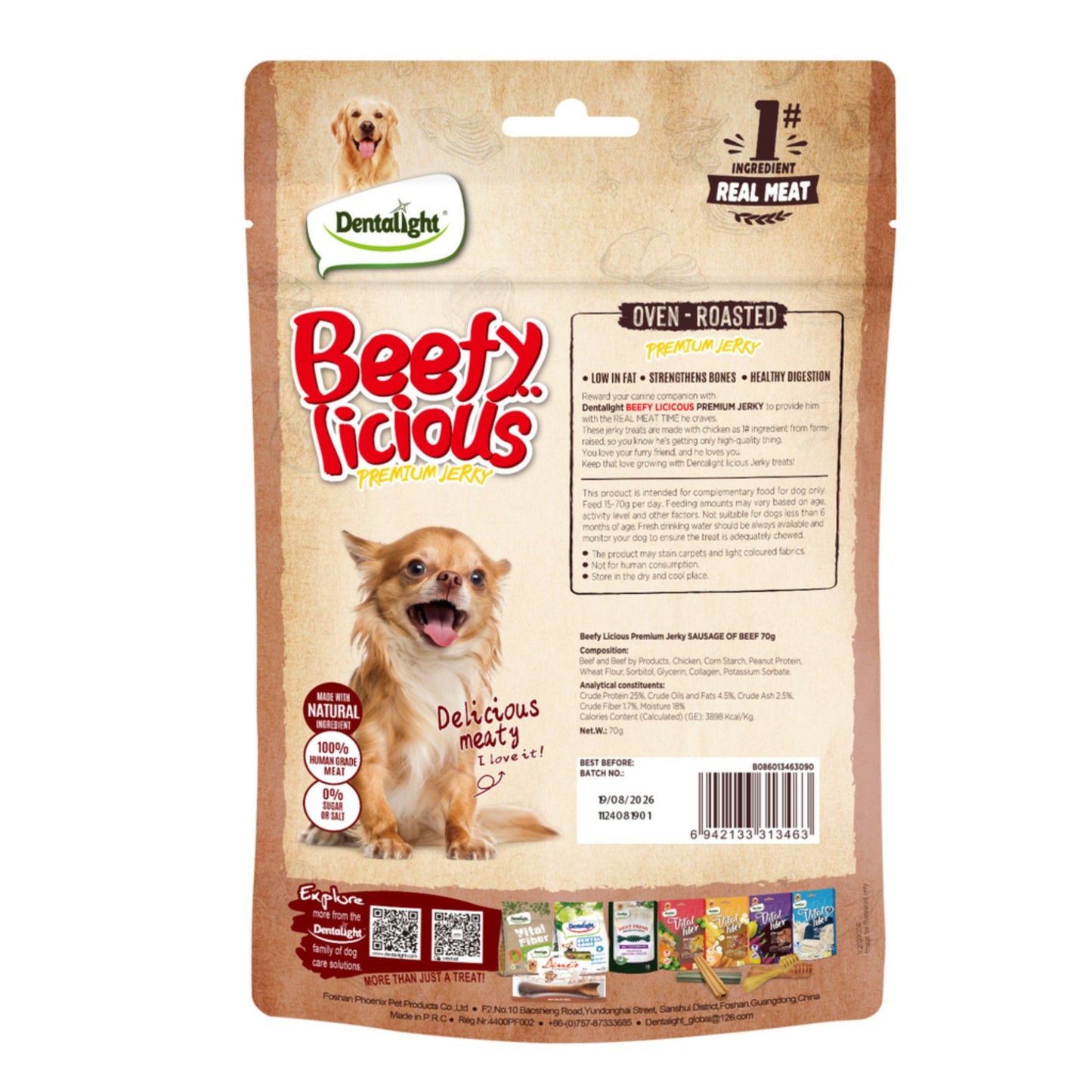 Dog food package with 'Beefy Licious' branding on a white background