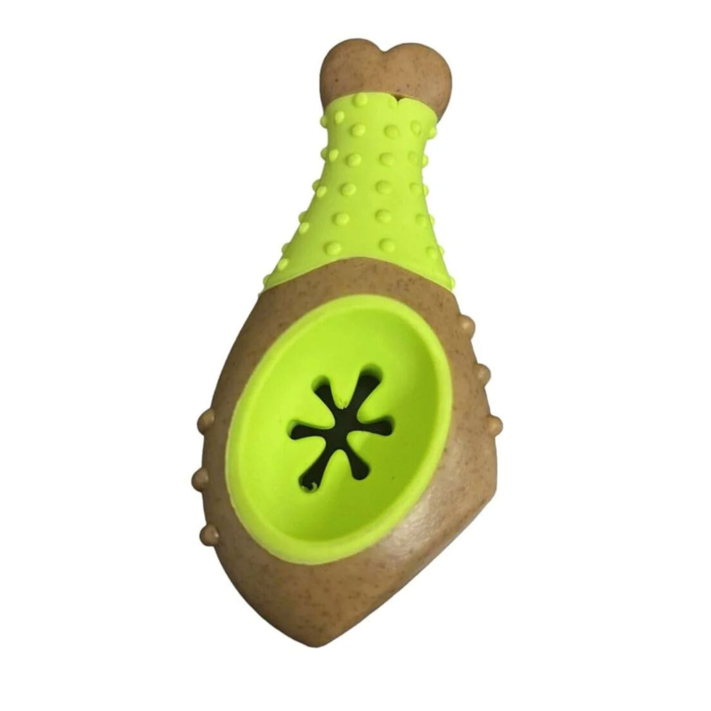 Dog toy with green and brown design on a white background