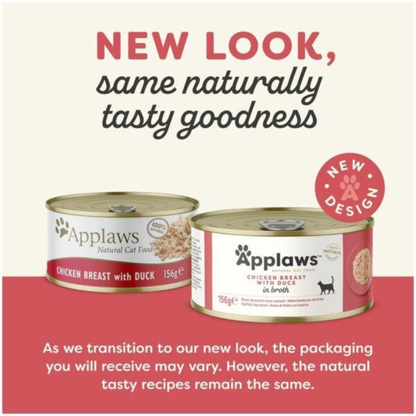 Two cans of Applaws cat food with text about new packaging design on a red and beige background.