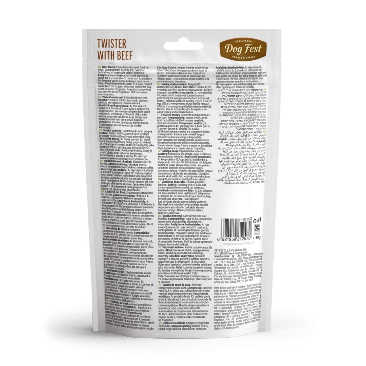 Dog food package with text and branding on a white background