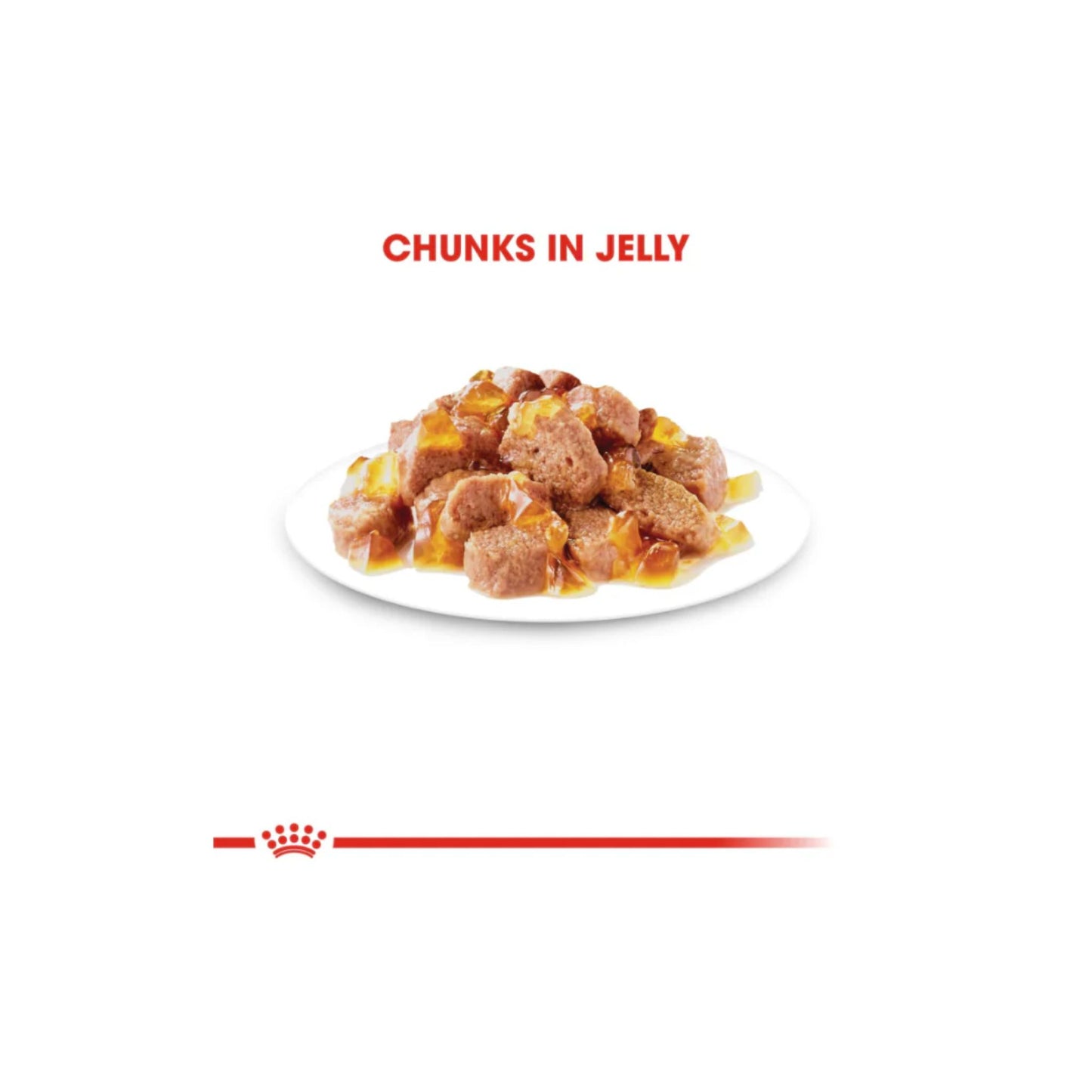 Cat food with chunks in jelly on a white plate, brand logo visible